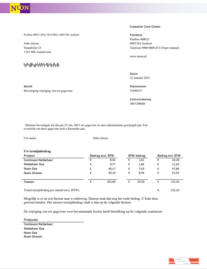Netherlands NUON gas utility bill template in Word and PDF format in Dutch language